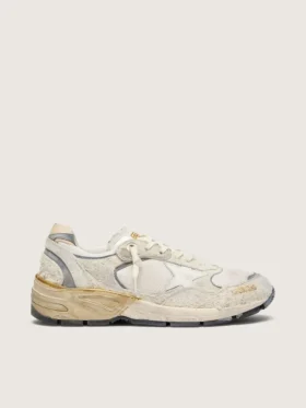 Dad-Star para mujer en gamuza y malla con estrella de cuero blanco y lengüeta del talón de cuero beige