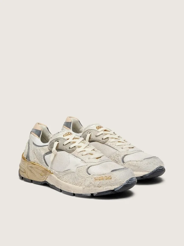 Dad-Star para mujer en gamuza y malla con estrella de cuero blanco y lengüeta del talón de cuero beige