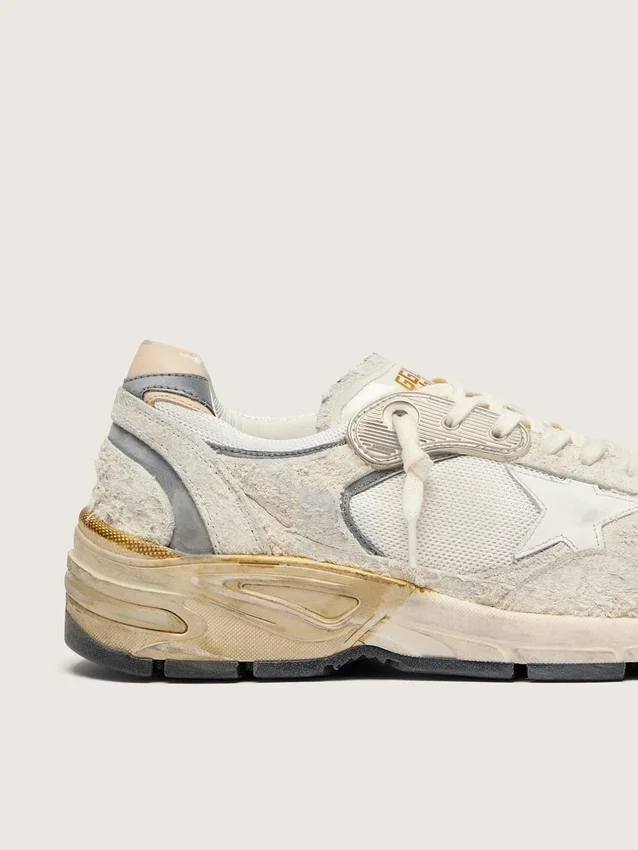 Dad-Star para mujer en gamuza y malla con estrella de cuero blanco y lengüeta del talón de cuero beige