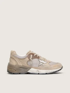 Dad-Star para mujer en malla beige y gamuza con estrella de cuero plateada