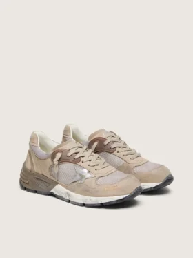Dad-Star para mujer en malla beige y gamuza con estrella de cuero plateada