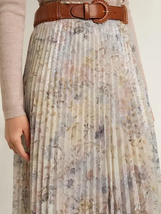 Falda larga plisada para mujer con estampado floral multicolor de lentejuelas