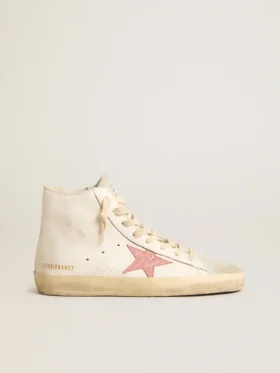 Francy en napa color crema con estrella de cuero con estampado de cocodrilo rosa