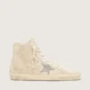 Francy para mujer en gamuza beige con estrella plateada brillante