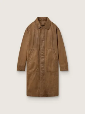 Gabardina unisex en sarga encerada marrón con detalles de cuero