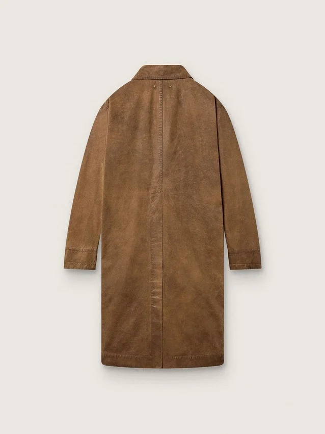 Gabardina unisex en sarga encerada marrón con detalles de cuero