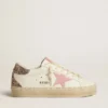 Hi Star en cuero blanco con estrella de gamuza rosa y lengüeta del talón con purpurina rosa