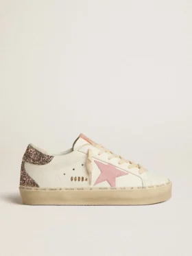 Hi Star en cuero blanco con estrella de gamuza rosa y lengüeta del talón con purpurina rosa