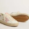 Hi Star en cuero blanco con estrella de gamuza rosa y lengüeta del talón con purpurina rosa