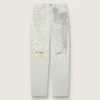 Jeans blanqueados para mujer con cristales cabujón