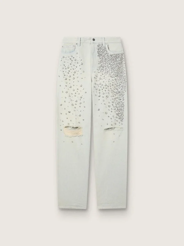 Jeans blanqueados para mujer con cristales cabujón