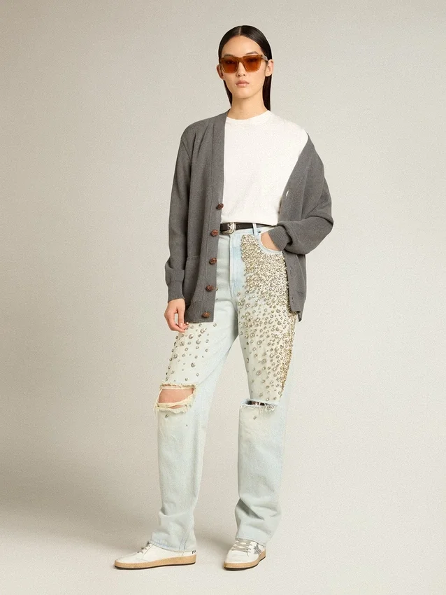 Jeans blanqueados para mujer con cristales cabujón