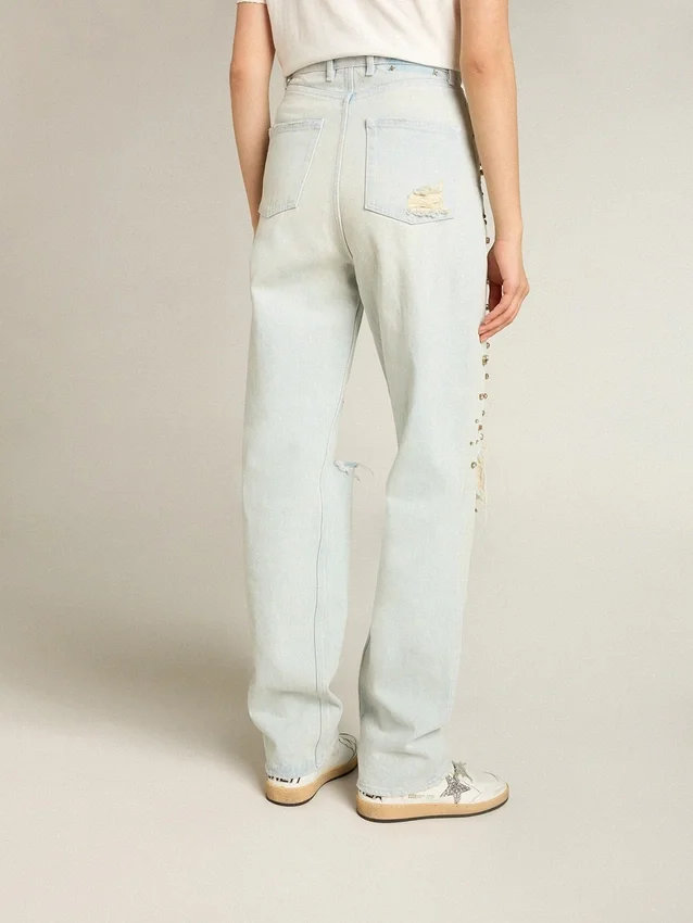 Jeans blanqueados para mujer con cristales cabujón