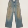 Jeans de estilo boyfriend para mujer con lavado arena de efecto desgastado y tachuelas