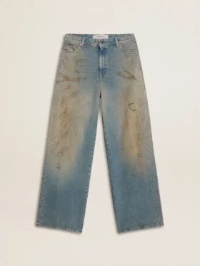 Jeans de estilo boyfriend para mujer con lavado arena de efecto desgastado y tachuelas