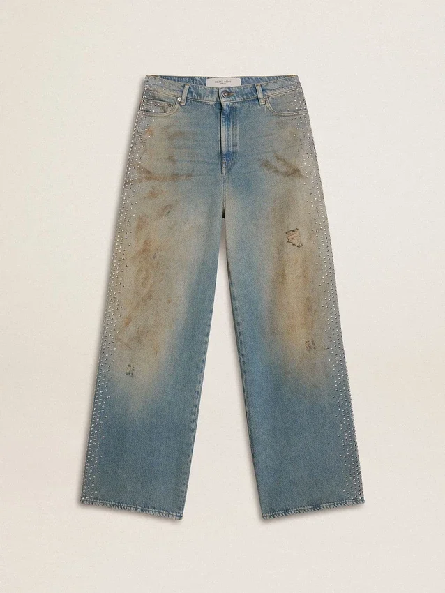 Jeans de estilo boyfriend para mujer con lavado arena de efecto desgastado y tachuelas