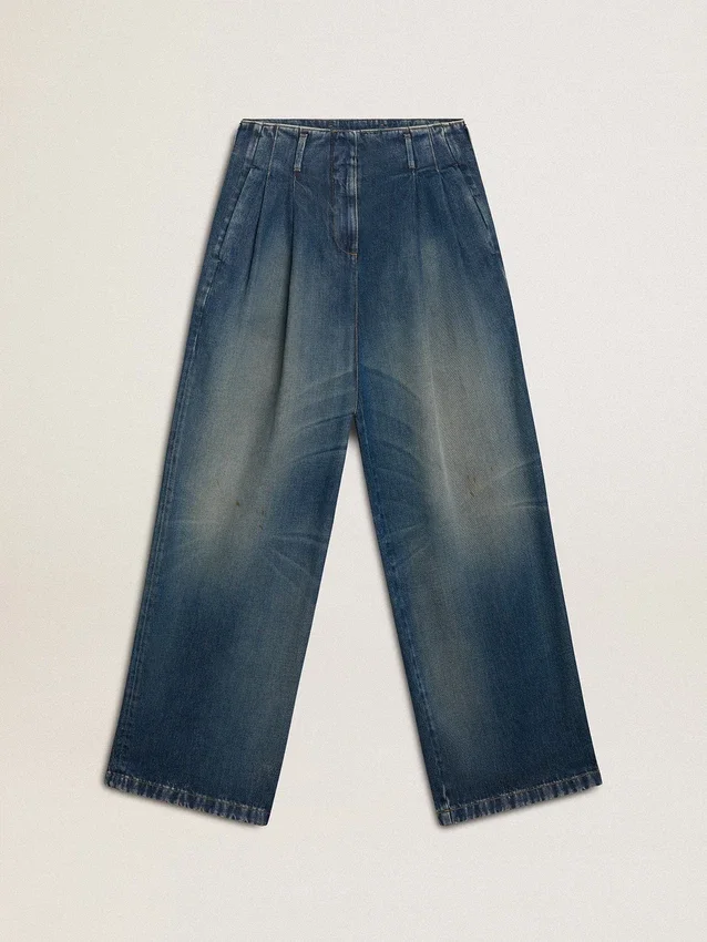 Jeans de mujer de corte ancho y lavado medio CNY
