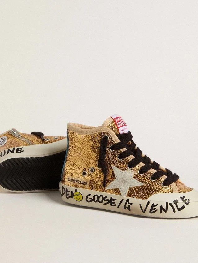 Las Francy Penstar para niños con lentejuelas doradas y estrella de gamuza gris hielo