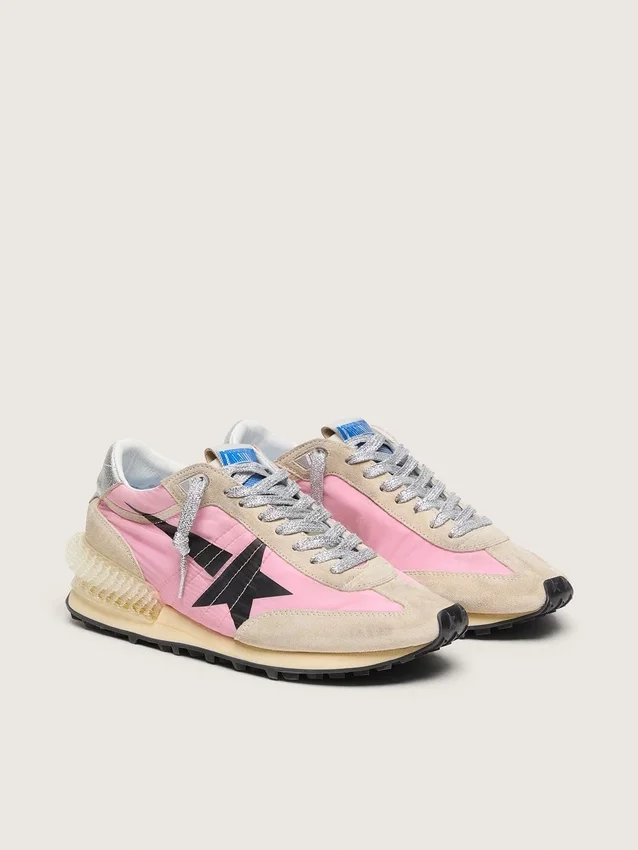 Marathon para mujer en nylon rosa y gamuza beige con estrella impresa en negro