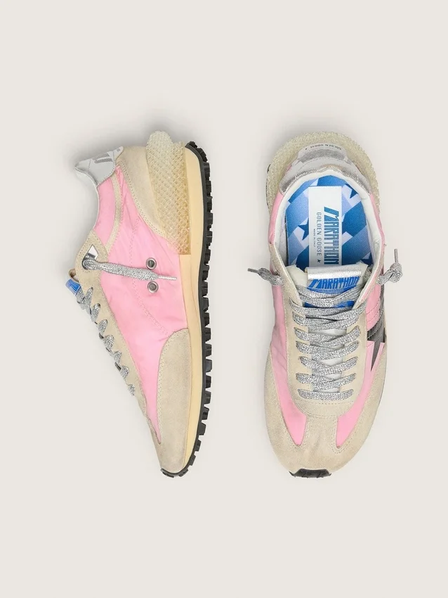 Marathon para mujer en nylon rosa y gamuza beige con estrella impresa en negro