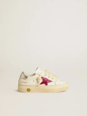 May Junior con estrella fucsia con purpurina y lengüeta del talón de cuero metalizado