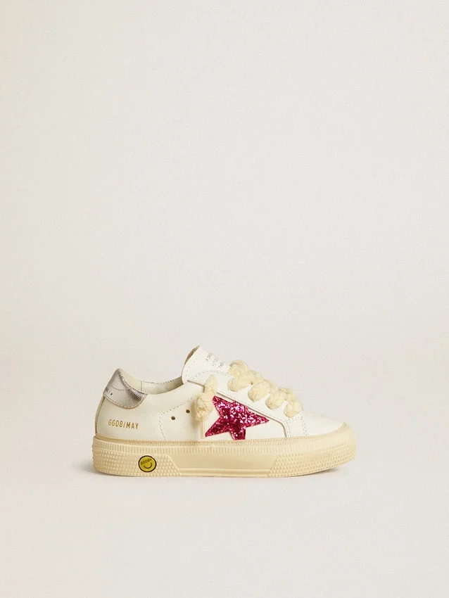 May Junior con estrella fucsia con purpurina y lengüeta del talón de cuero metalizado