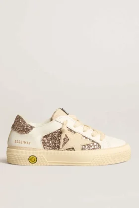 May Teen en cuero blanco y purpurina dorado rosa con estrella de gamuza beige