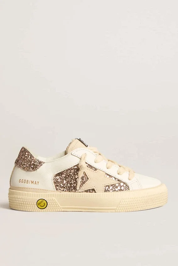 May Teen en cuero blanco y purpurina dorado rosa con estrella de gamuza beige
