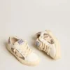 May Teen en cuero blanco y purpurina dorado rosa con estrella de gamuza beige