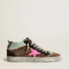 Mid Star en piel de potro con estampado de leopardo y estrella de cuero fucsia