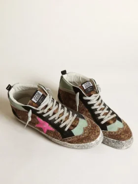 Mid Star en piel de potro con estampado de leopardo y estrella de cuero fucsia