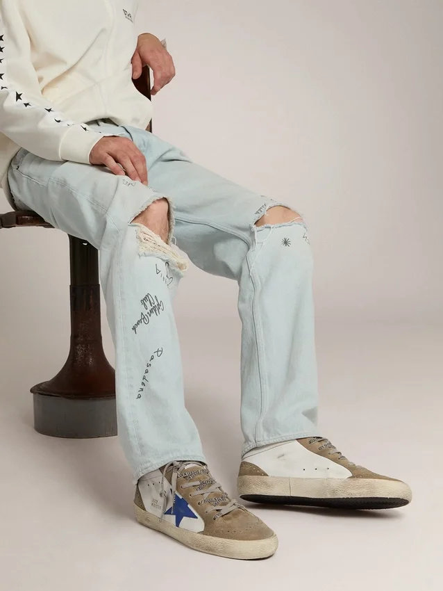 Mid Star para hombre con estrella de cuero azul e inserciones de gamuza gris paloma