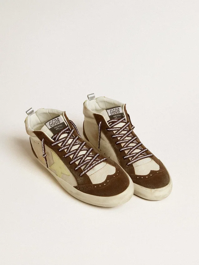 Mid Star para hombre en beige con purpurina, estrella de gamuza amarilla y detalle de algodón