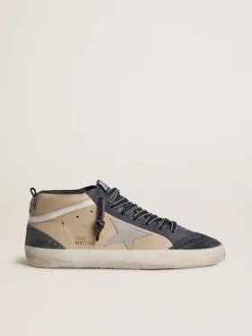 Mid Star para hombre en gamuza beige y azul con estrella de cuero napa gris y detalle de cuero blanco