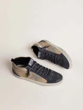 Mid Star para hombre en gamuza beige y azul con estrella de cuero napa gris y detalle de cuero blanco