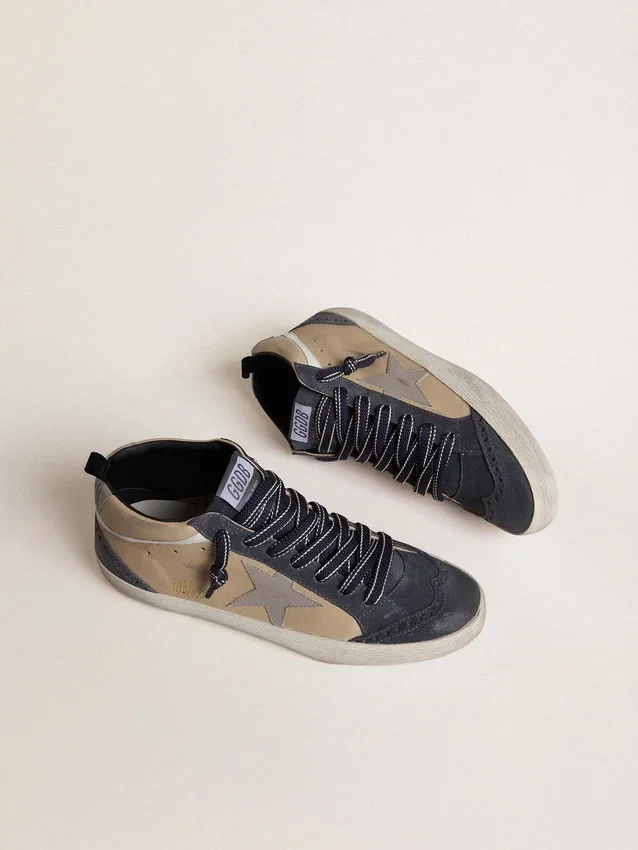 Mid Star para hombre en gamuza beige y azul con estrella de cuero napa gris y detalle de cuero blanco