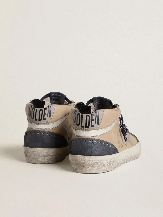 Mid Star para hombre en gamuza beige y azul con estrella de cuero napa gris y detalle de cuero blanco