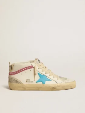 Mid Star para mujer en cuero con estrella azul claro y detalle de gamuza fucsia con tachuelas platino