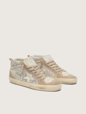 Mid Star para mujer en gamuza beige con Swarovski plateados y estrella de cuero blanco