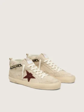 Mid Star para mujer en gamuza color perla con estrella de cuero burdeos e inserciones de perlas y bordados