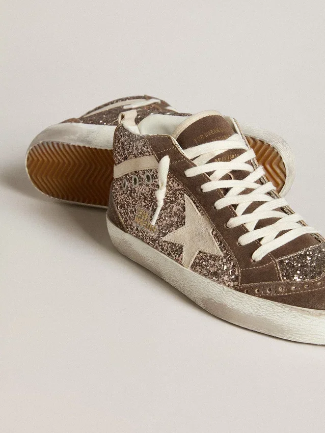 Mid Star para mujer en glitter con estrella de gamuza perla e inserciones de gamuza marrón