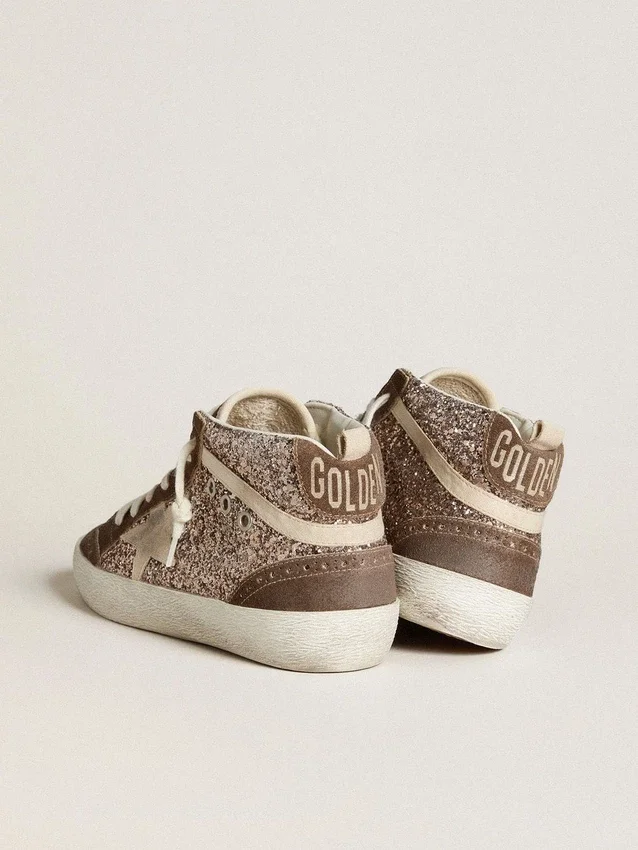 Mid Star para mujer en glitter con estrella de gamuza perla e inserciones de gamuza marrón