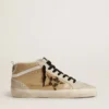 Mid Star para mujer en piel naplak beige con estrella de piel de potro con estampado de leopardo