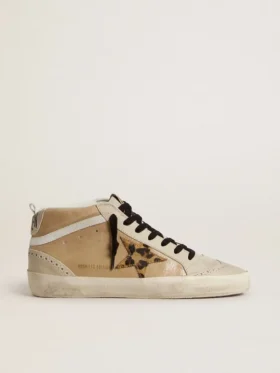 Mid Star para mujer en piel naplak beige con estrella de piel de potro con estampado de leopardo