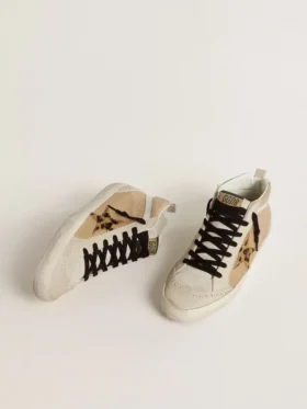 Mid Star para mujer en piel naplak beige con estrella de piel de potro con estampado de leopardo