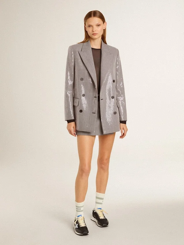 Mini shorts grises para mujer de lana con estampado de pata de gallo