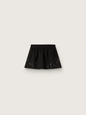 Minifalda para mujer en sarga de algodón negra con bordado floral de lentejuelas