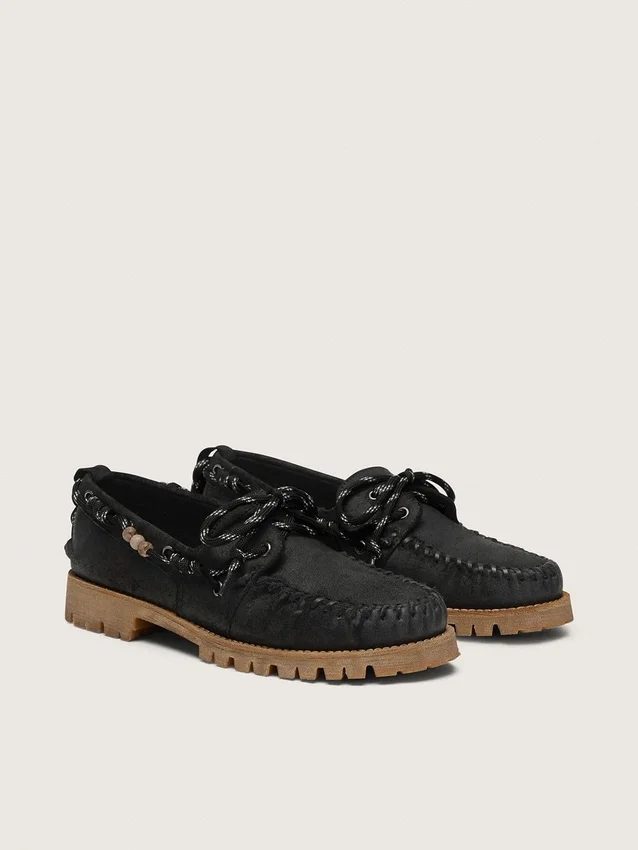 Mocasines Cruise para hombre en gamuza encerada negra con cordones negros de senderismo