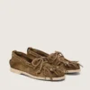 Mocasines Cruise para mujer en gamuza color caqui con flecos y cuentas multicolores