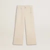 Pantalones anchos de niñas en color crema con costuras acanaladas y bordados